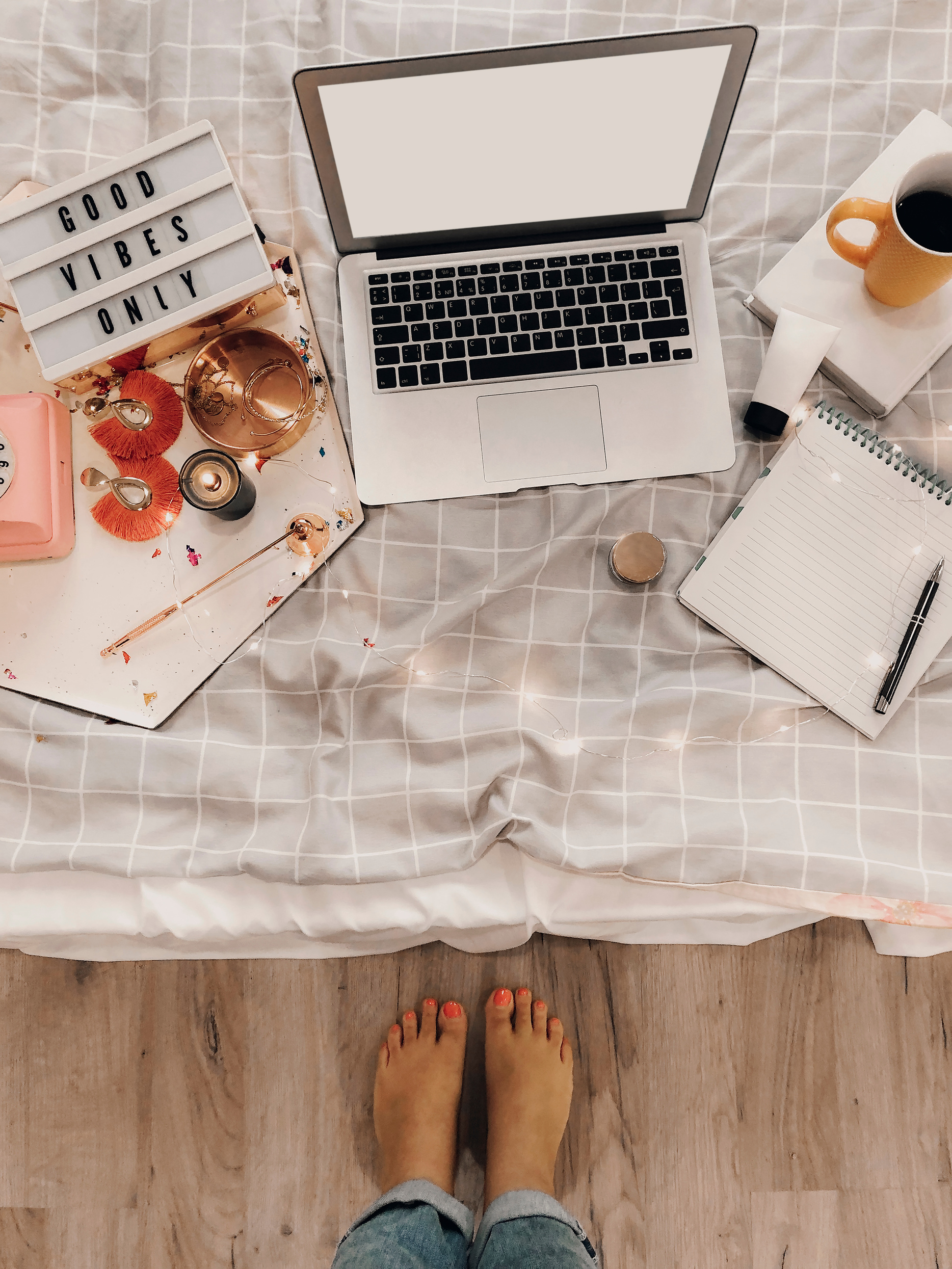 Top View of Cozy Blogger Workplace with Mockup Laptop, Agenda, C